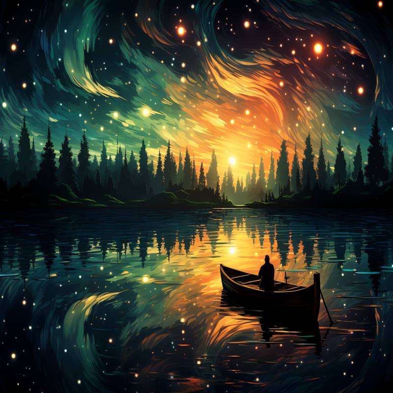 Paint by numbers kit of a starry night sky reflecting on a calm lake with a silhouette of a man in a boat.
