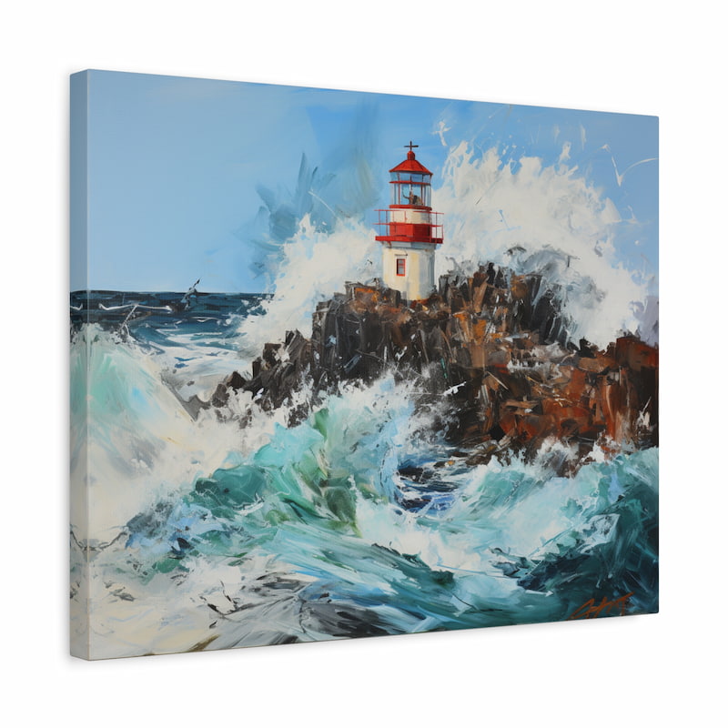 Paint by numbers artwork of a red and white lighthouse standing strong on rocky cliffs as powerful ocean waves crash against it in a dramatic seascape shown in a frame
