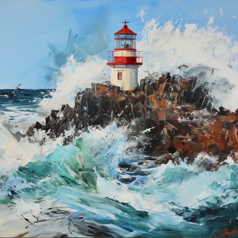 Paint by numbers artwork of a red and white lighthouse standing strong on rocky cliffs as powerful ocean waves crash against it in a dramatic seascape