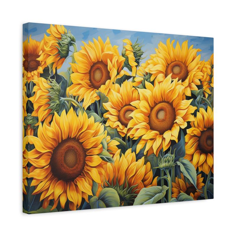 Vibrant sunflower paint-by-numbers kit featuring a close-up view of golden yellow blooms under a clear blue sky shown in a frame