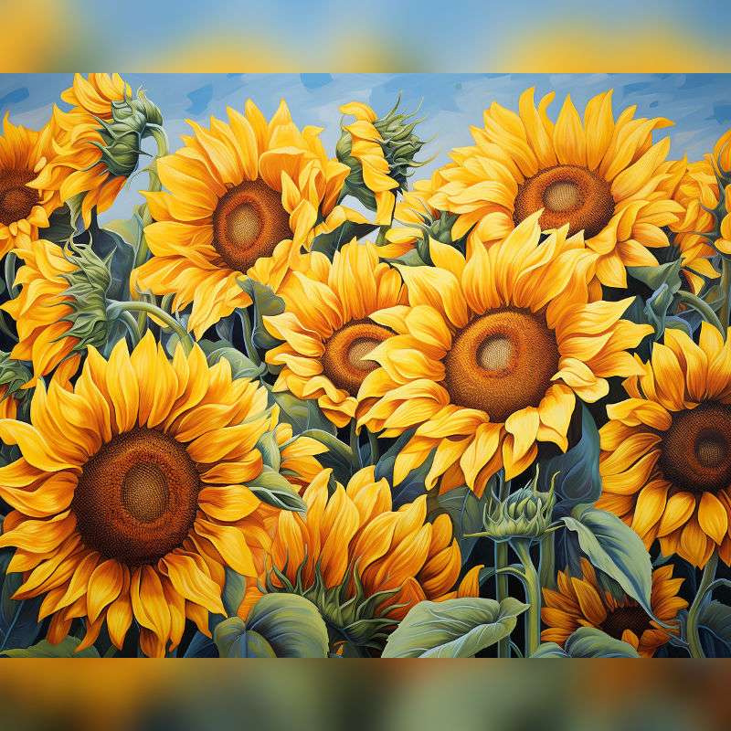 Vibrant sunflower paint-by-numbers kit featuring a close-up view of golden yellow blooms under a clear blue sky