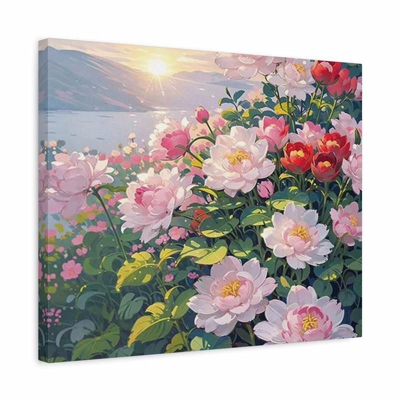 sunlit peony garden paint by numbers shown in a frame featuring soft pink and red peonies in full bloom beside a serene lake at sunrise