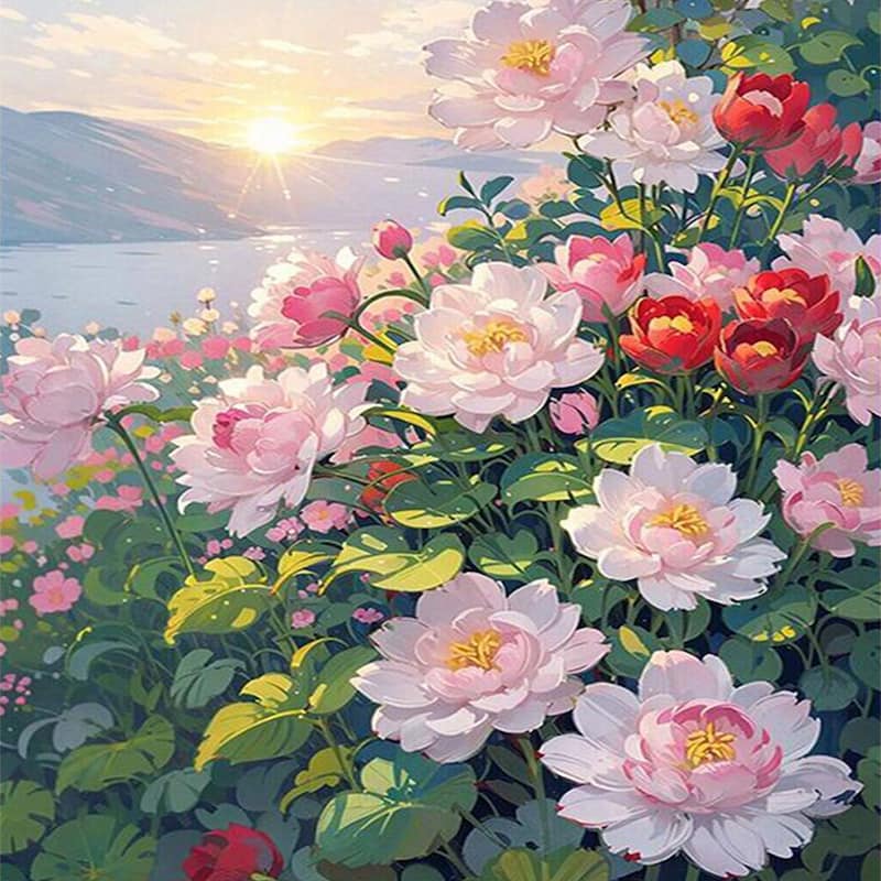 sunlit peony garden paint by number featuring soft pink and red peonies in full bloom beside a serene lake at sunrise