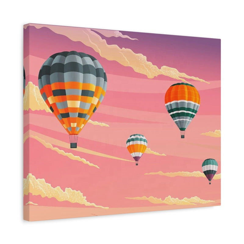 Four colorful hot air balloons floating in a pink-orange sunset sky with scattered clouds shown in a frame