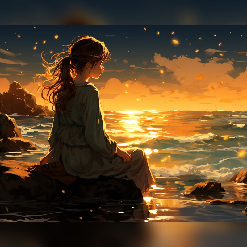 Paint by numbers kit of a girl sitting on rocks by the sea, watching a golden sunset over the ocean with glowing waves and warm light.