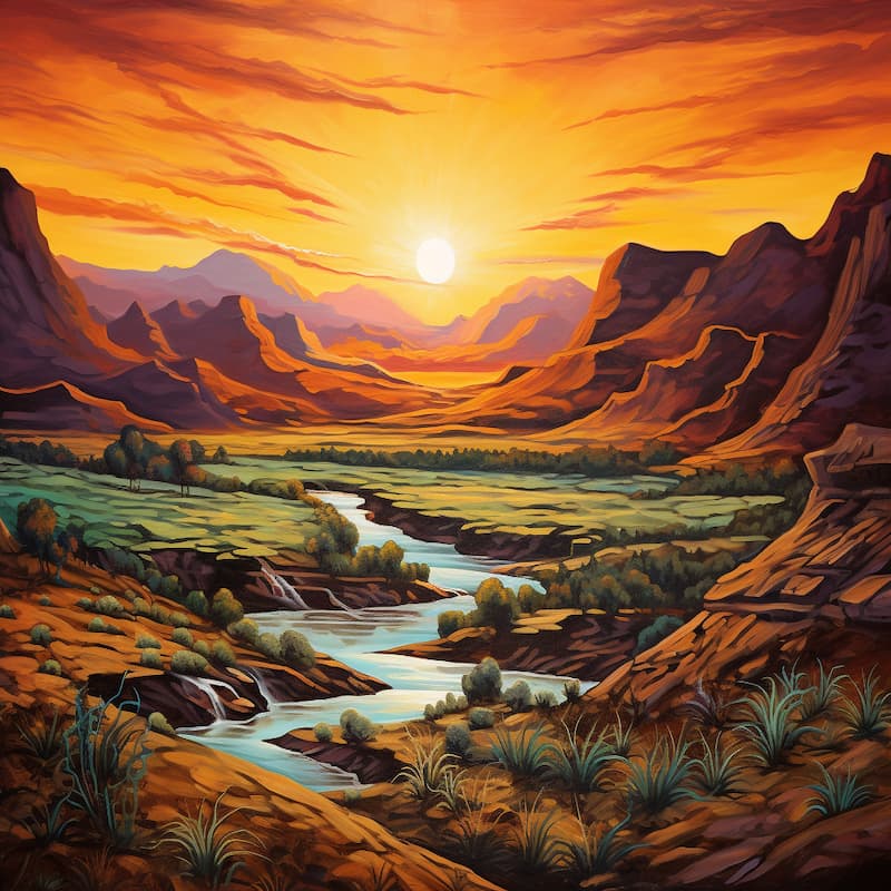 Paint by numbers artwork of a glowing sunset over a desert valley with a winding river, waterfalls, rocky cliffs, green meadows, and distant mountains