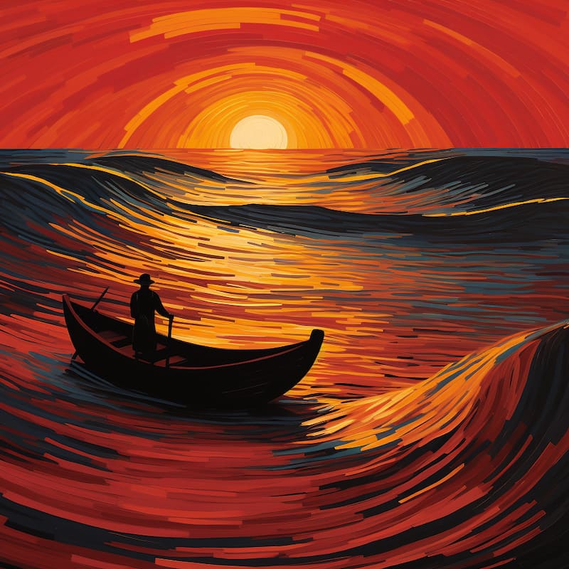Paint by numbers artwork of a silhouetted rower in a small boat against fiery sunset waves and glowing ocean horizon in a dramatic impressionist style