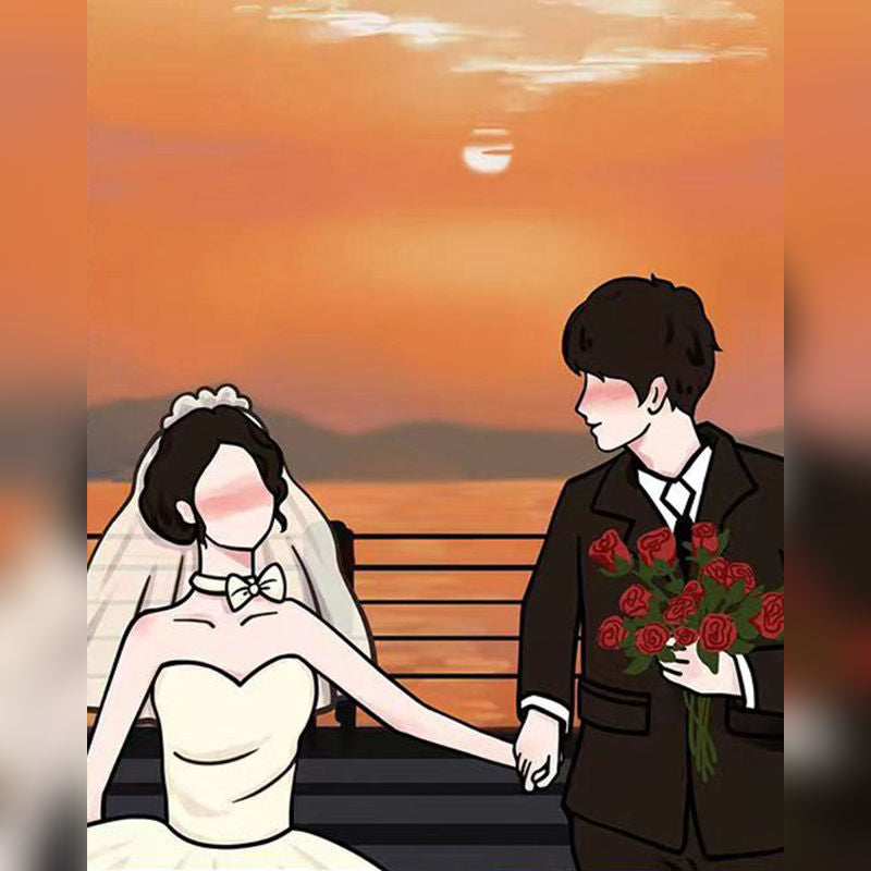 Illustration of a bride and groom holding hands with a sunset background