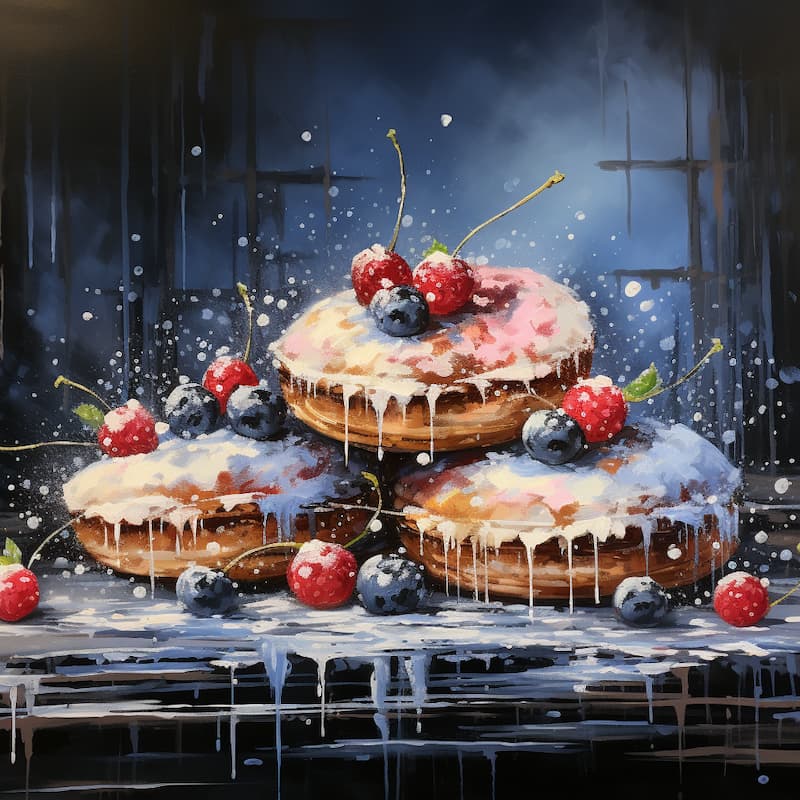 Paint by numbers artwork of stacked donuts topped with powdered sugar, dripping icing, and decorated with cherries and blueberries in a dramatic artistic style