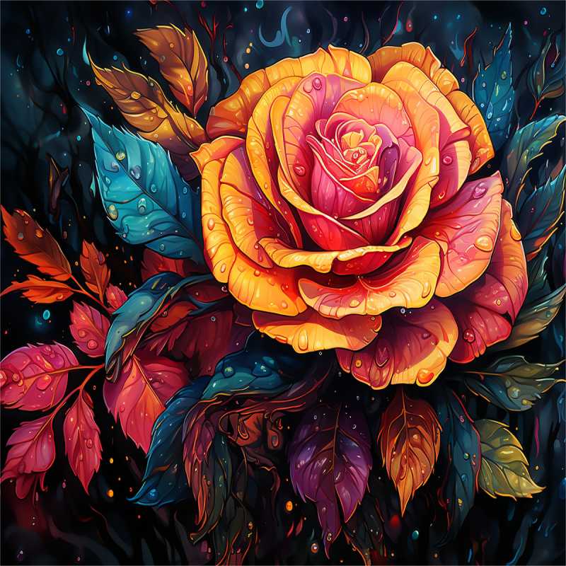 Paint by numbers kit of a vibrant rose with colorful petals and leaves covered in sparkling water droplets.