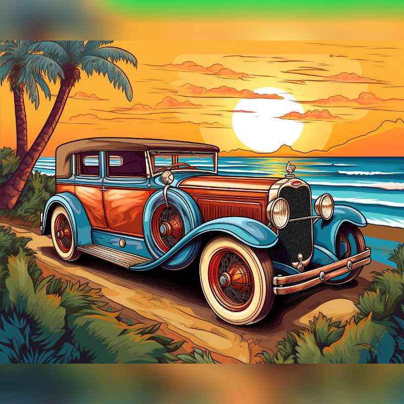 Paint by numbers of a classic vintage car parked by the beach at sunset, with palm trees, ocean waves, and a glowing orange sky.
