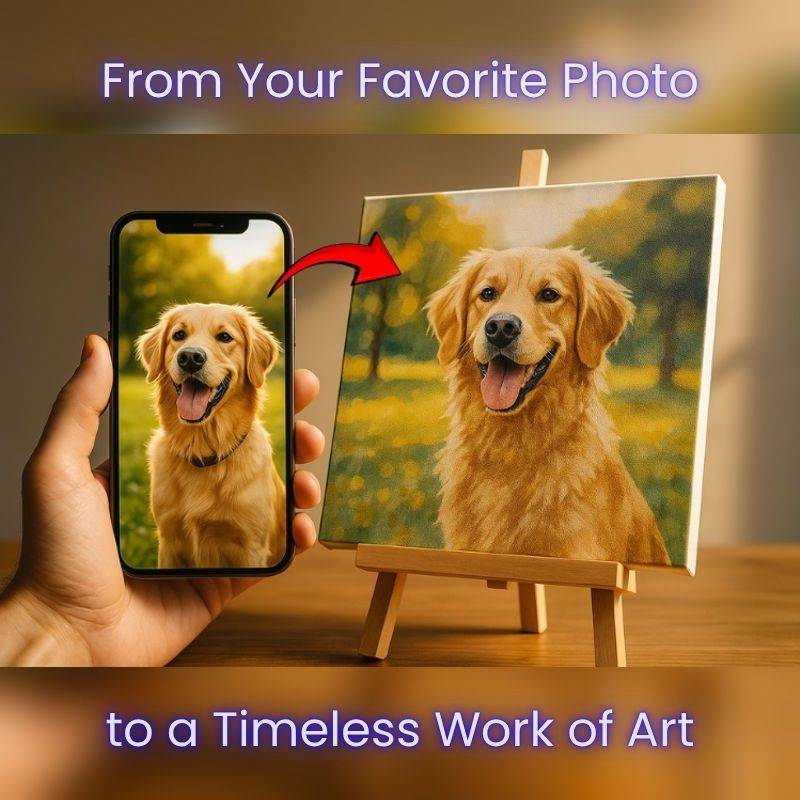 Custom pet paint by numbers kit showing a golden retriever photo turned into canvas artwork