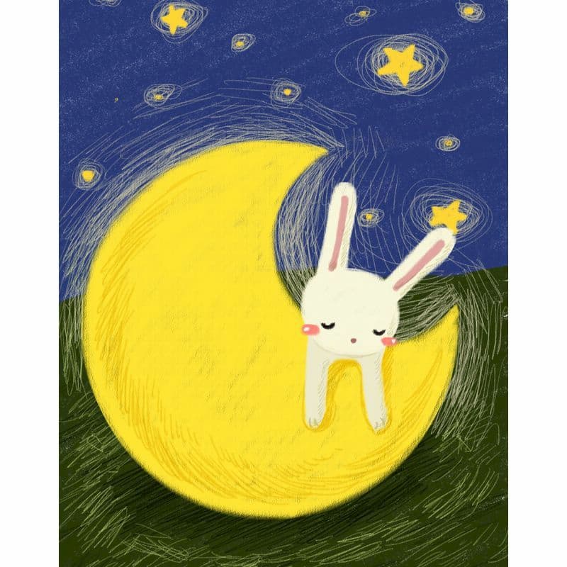 Illustration of a bunny sitting on a yellow moon with a starry night background