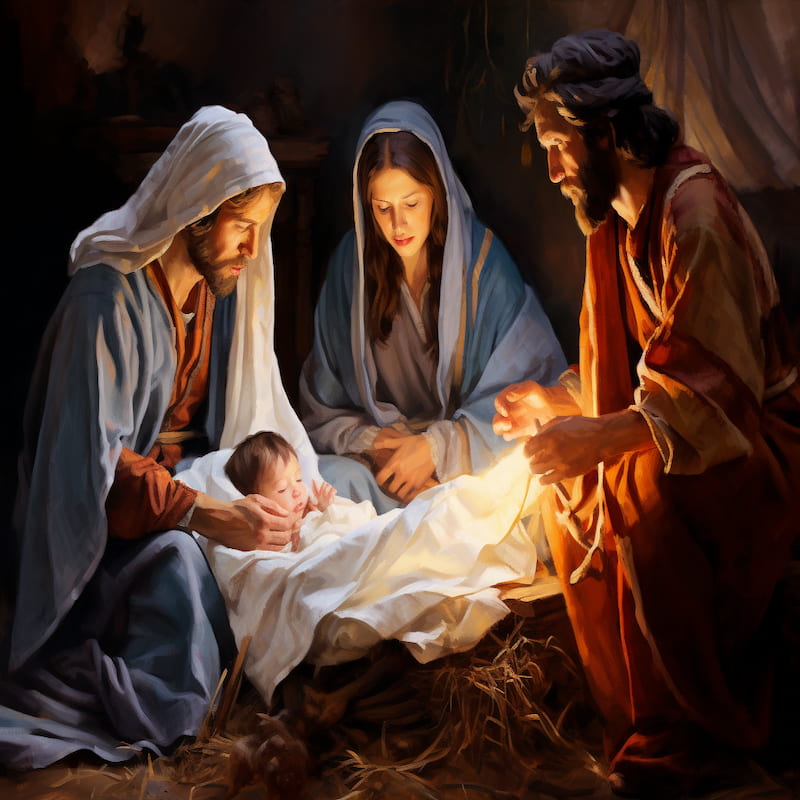 Paint by numbers kit of the Nativity Scene featuring Mary, Joseph, baby Jesus, and a glowing manger moment.