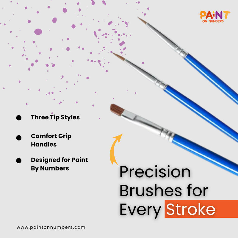 Set of three blue-handle paint brushes with varied tip styles for detailed painting, shown on a light background with paint splatter, designed specifically for precision in paint by numbers kits from Paint On Numbers.