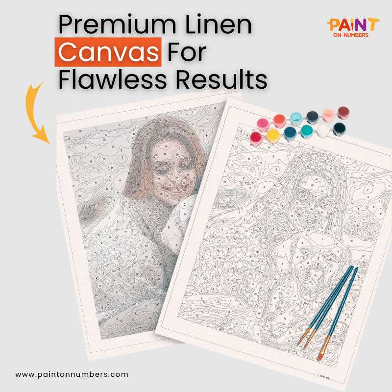 Side-by-side close-up of two personalized paint by numbers canvases on premium linen material, featuring a woman with numbered outlines, paint pots, and brushes included from Paint On Numbers.
