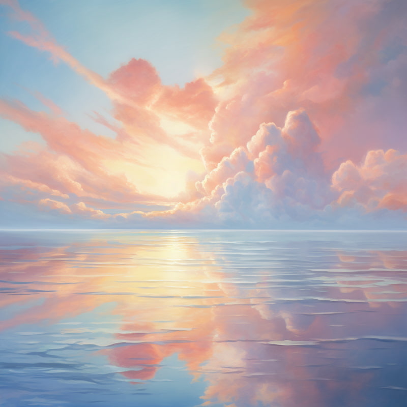 Paint by numbers kit for adults featuring a sunrise over calm ocean waters with pastel clouds and golden reflections.