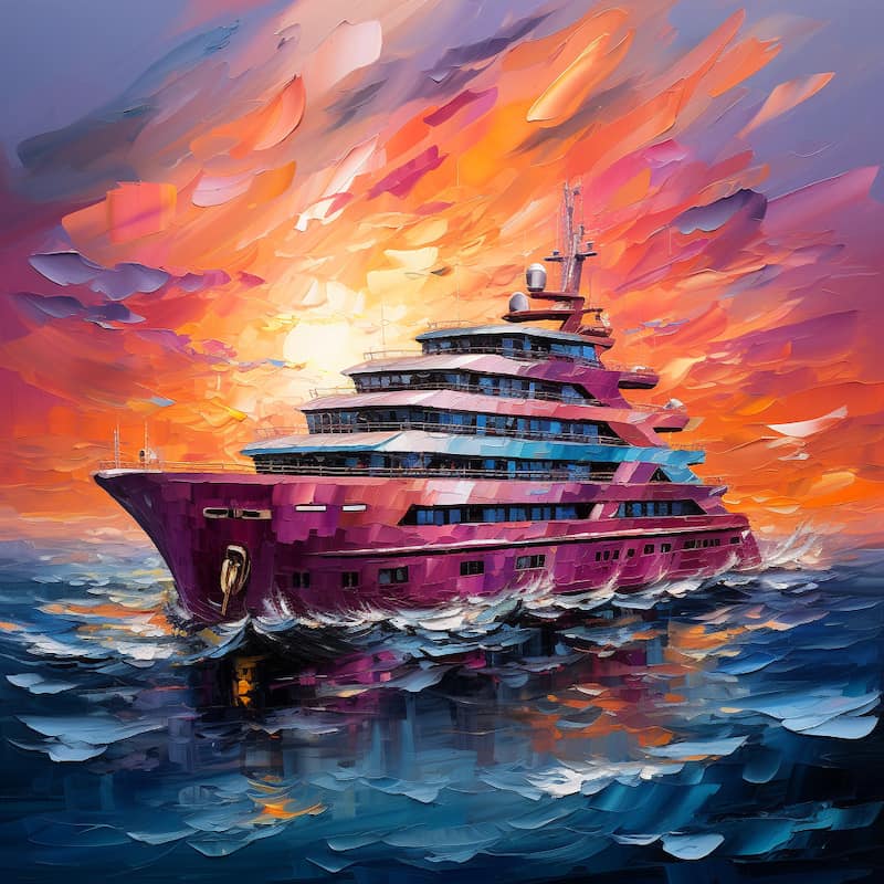 Paint by numbers kit of a cruise ship sailing on the ocean at sunset with vibrant orange and purple skies.