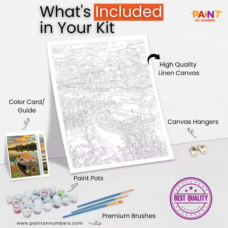 Flat lay of a complete paint by numbers kit including high-quality linen canvas, numbered paint pots, premium brushes, color reference guide, and canvas hangers, all labeled for clarity, from Paint On Numbers.