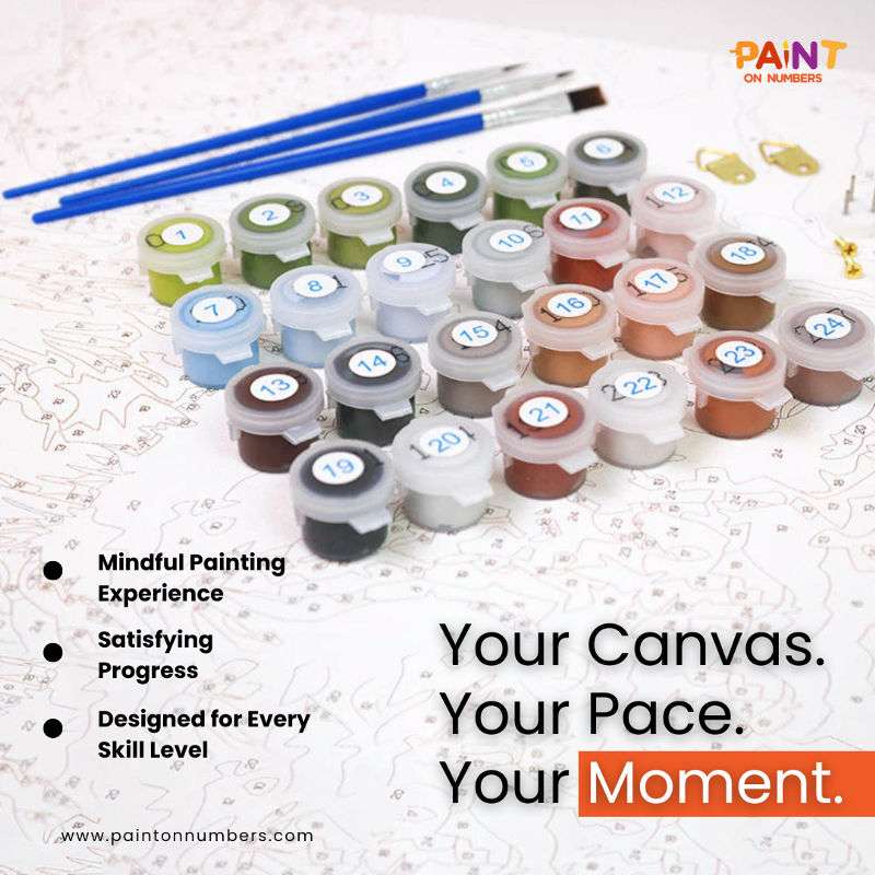 Paint by numbers kit showing numbered acrylic paint pots, detail brushes, and a printed linen canvas layout designed for all skill levels with a calming and mindful painting experience from Paint On Numbers.