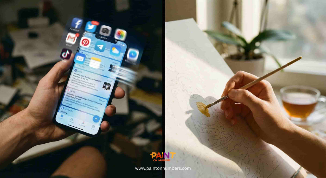 Split image showing a hand overwhelmed by phone notifications on one side and a calm hand painting a canvas on the other, highlighting the contrast between digital stress and analog relaxation.