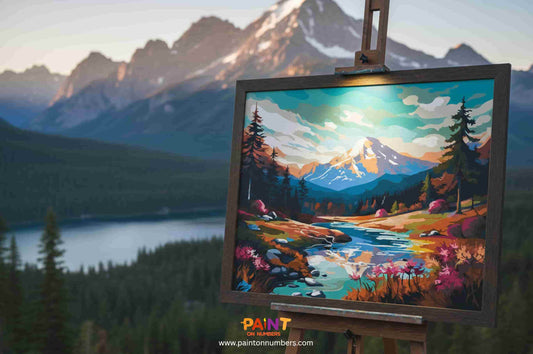 A real-life majestic mountain scene shown as a paint by numbers painting