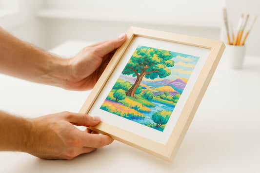 Close-up of a pair of hands carefully fitting a completed, colorful paint-by-numbers canvas into a light natural-wood frame on a clean, bright artist’s workspace.