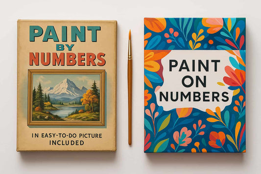 Top-down flat lay photograph showing a vintage 1950s paint-by-numbers kit with retro artwork and worn edges on the left, a modern colorful Paint On Numbers kit with vibrant floral design on the right, separated by a single wooden paintbrush