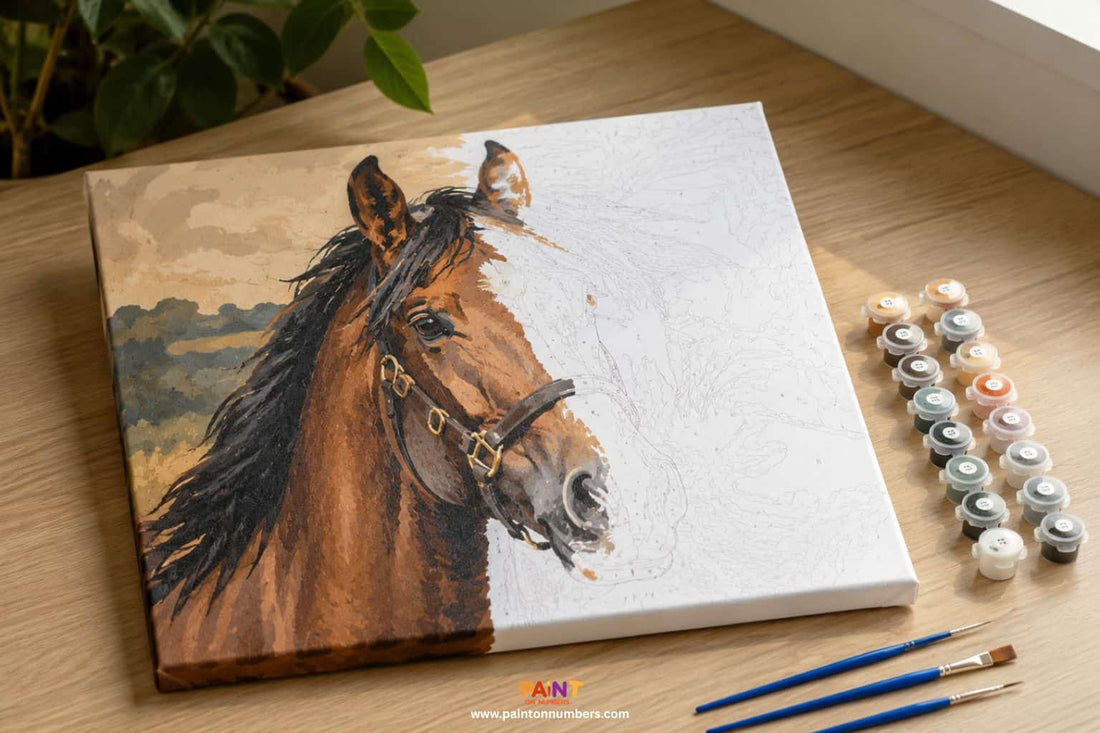 Completed animal paint by numbers canvas of a horse displayed beside paint pots and brushes on a timber table in natural light