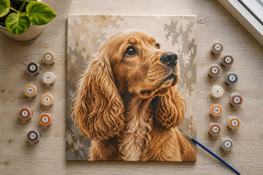 A square canvas painting of a golden-brown Cocker Spaniel dog on a light wood tabletop, surrounded by numbered paint tubes and a paintbrush.