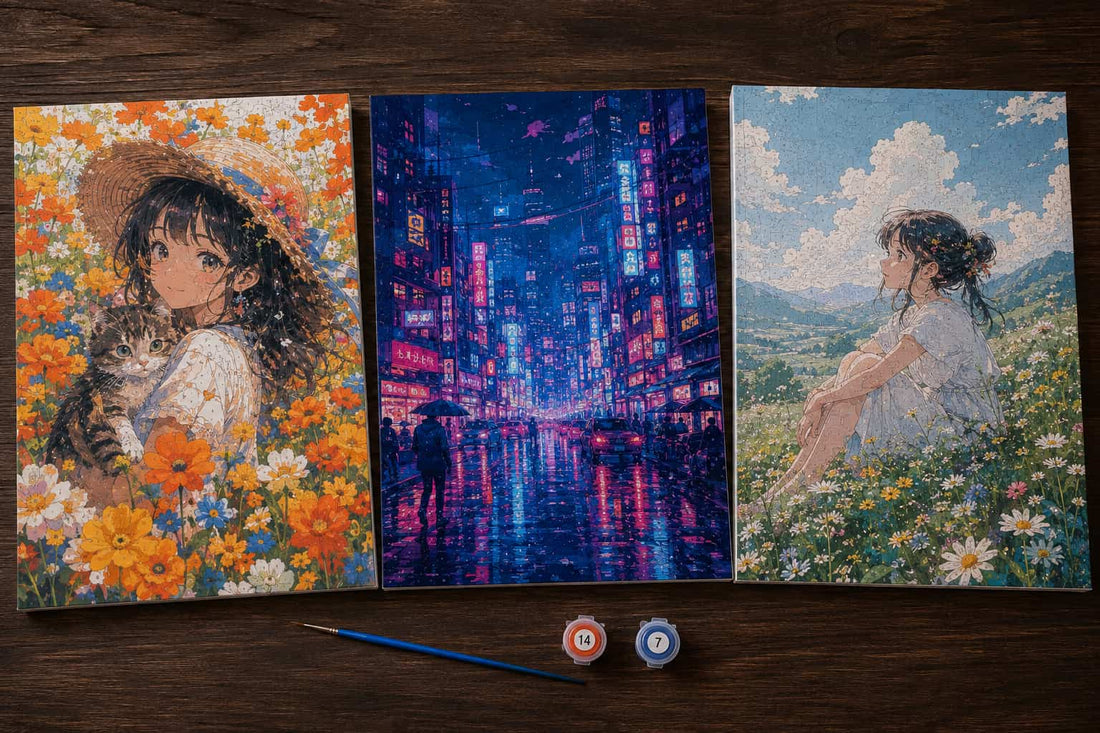 Three square art prints or paintings displayed side by side on a dark wooden surface, with a paintbrush and two small paint pots below them. The left print shows a girl surrounded by bright orange and white flowers.