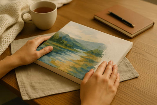 Hands gently holding a paint by numbers canvas of a serene landscape with tea, journal, and cozy textures on a wooden table, symbolizing art therapy and self-expression at home