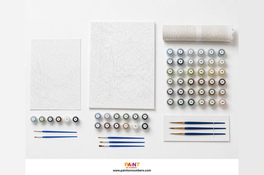 Three paint by numbers kits from different brands side by side on a white surface showing canvas, paint pots, and brushes for comparison