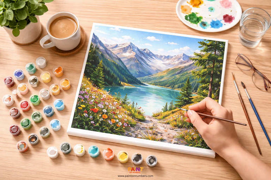 Person painting a mountain landscape with a lake on a wooden table with art supplies.