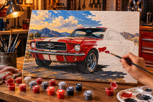 A hand holds a paintbrush applying red paint to a canvas showing a classic red Mustang car, with a full set of paint pots and a palette arranged on a wooden workbench in a workshop setting.