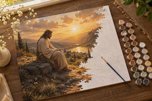 A canvas print of a religious painting showing Jesus sitting by a lake at sunset, displayed on a wooden table with a paintbrush and a row of paint pots. The right side of the canvas is unpainted, showing the grid texture.