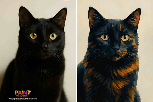 Real black cat on the left and painted version of the same cat on the right, with 'Paint on Numbers' logo.