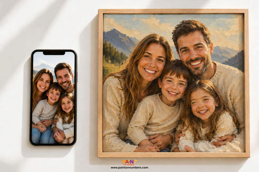 Smartphone showing a family photograph next to the completed custom paint by numbers canvas of the same photo mounted in a natural wood frame