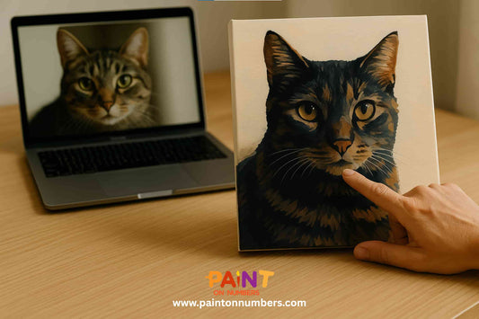 Customer service themed photo showing a hand pointing to a finished custom cat portrait on canvas with the original pet photo displayed on a laptop in the background