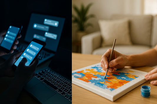 Split image contrasting digital overload with calm paint-by-numbers in natural light.