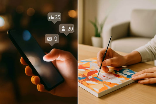Split image showing digital overload versus calm painting: a hand holding a smartphone with notifications on the left, and hands painting a colorful paint by numbers canvas in natural light on the right