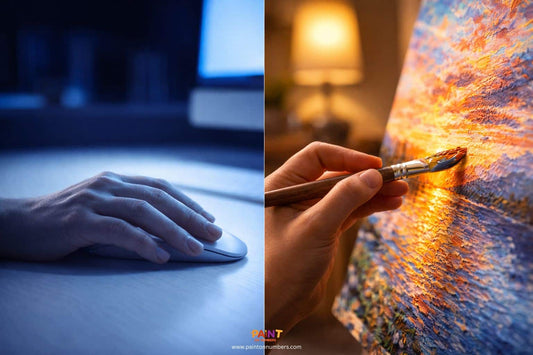 A split image showing the sterile environment of computer work compared to the warm, tactile experience of painting on canvas.