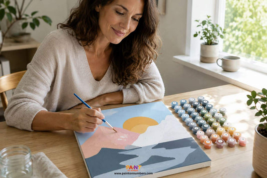 First-time adult painter smiling while filling in large simple sections of a beginner paint by numbers canvas at a bright timber desk