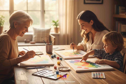 A joyful multi-generational family of grandmother, mother, and child sitting at a wooden table, smiling and painting colorful paint by numbers canvases together in a warm, sunlit room.
