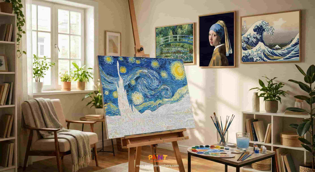 A cozy, sunlit home art studio showing a work-in-progress paint by numbers of Van Gogh's "Starry Night" on an easel, surrounded by framed completed masterpieces by Monet, Vermeer, and Hokusai on the wall.