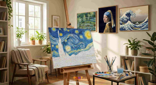 A cozy, sunlit home art studio showing a work-in-progress paint by numbers of Van Gogh's "Starry Night" on an easel, surrounded by framed completed masterpieces by Monet, Vermeer, and Hokusai on the wall.