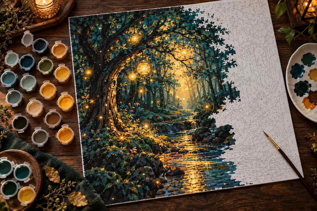 Paint by numbers canvas partially completed with a dark enchanted forest scene, deep teal trees, glowing golden light orbs, and warm gold paint pots arranged on a dark wooden table.