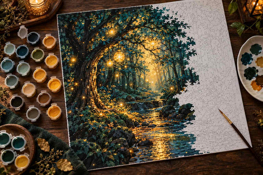 Paint by numbers canvas partially completed with a dark enchanted forest scene, deep teal trees, glowing golden light orbs, and warm gold paint pots arranged on a dark wooden table.