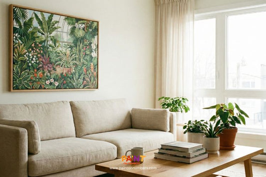 Framed floral paint by numbers artwork hanging above a beige sofa in a bright living room with indoor plants.