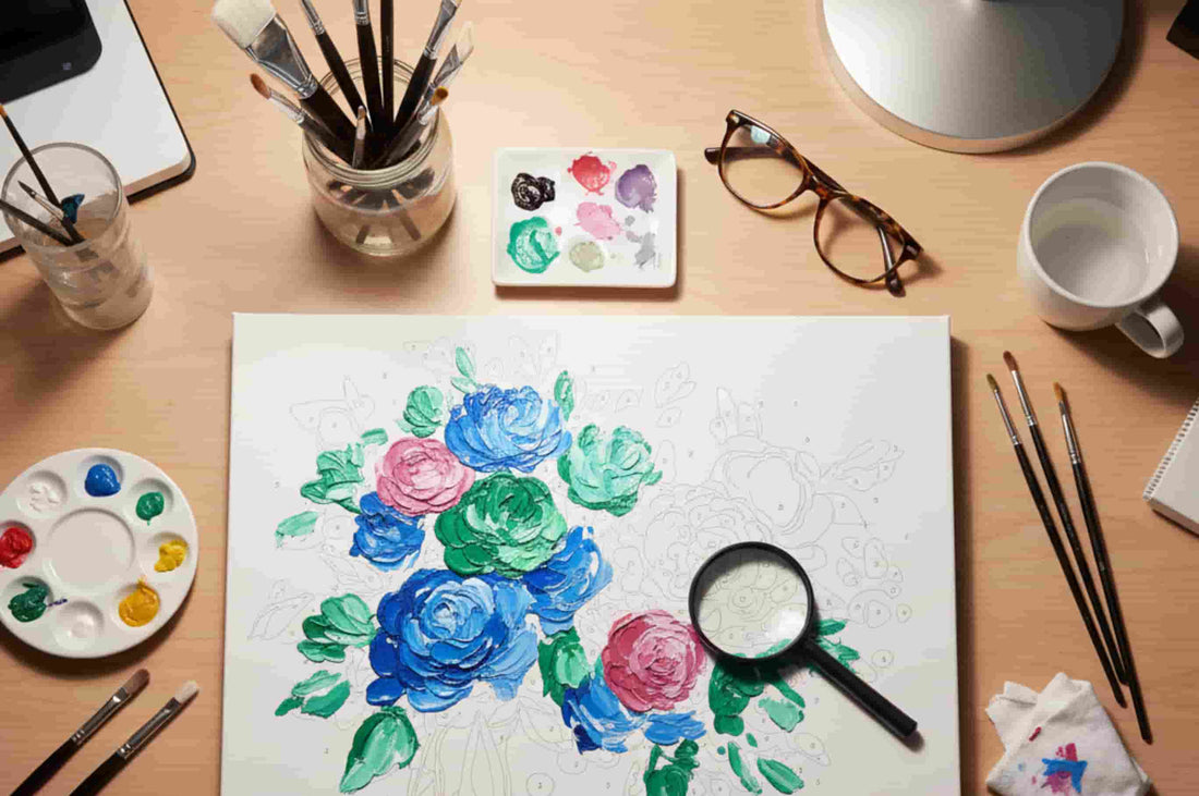 Paint by numbers floral canvas on a desk with brushes, paints, and a magnifying glass